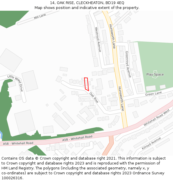 14, OAK RISE, CLECKHEATON, BD19 4EQ: Location map and indicative extent of plot