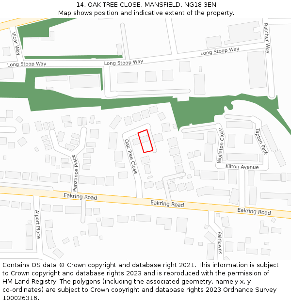 14, OAK TREE CLOSE, MANSFIELD, NG18 3EN: Location map and indicative extent of plot