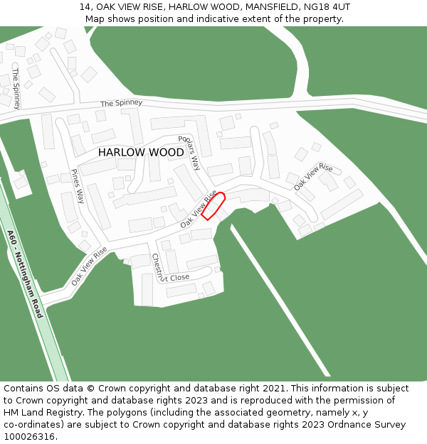 14, OAK VIEW RISE, HARLOW WOOD, MANSFIELD, NG18 4UT: Location map and indicative extent of plot