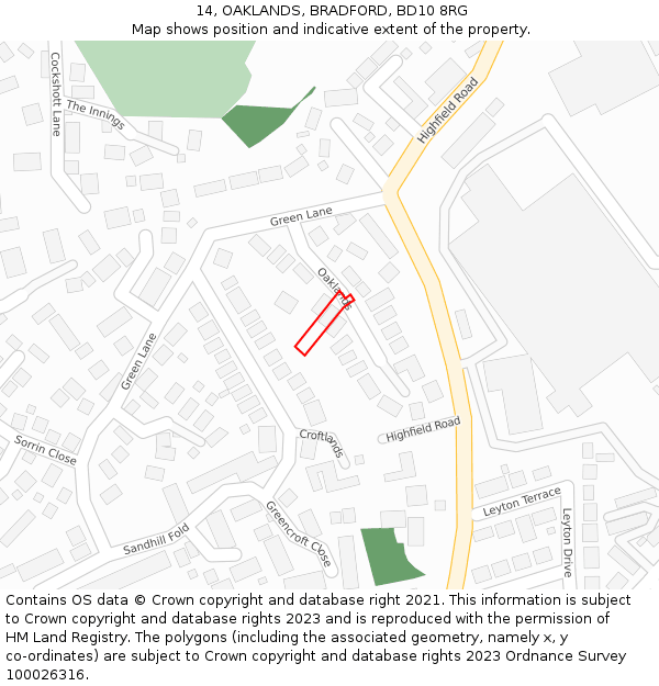 14, OAKLANDS, BRADFORD, BD10 8RG: Location map and indicative extent of plot