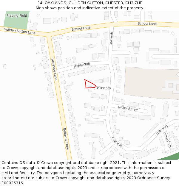 14, OAKLANDS, GUILDEN SUTTON, CHESTER, CH3 7HE: Location map and indicative extent of plot