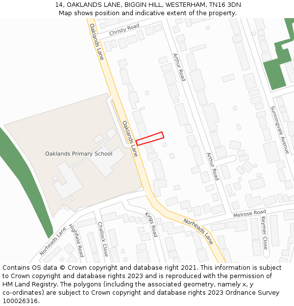 14, OAKLANDS LANE, BIGGIN HILL, WESTERHAM, TN16 3DN: Location map and indicative extent of plot