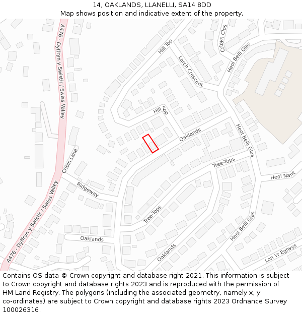 14, OAKLANDS, LLANELLI, SA14 8DD: Location map and indicative extent of plot