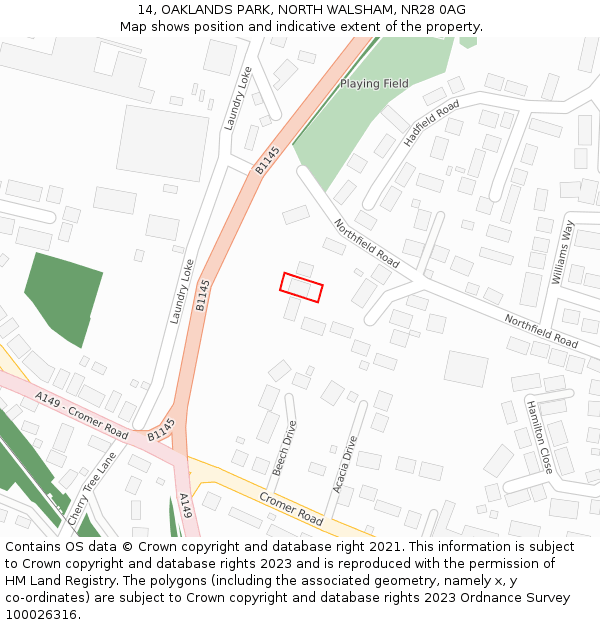 14, OAKLANDS PARK, NORTH WALSHAM, NR28 0AG: Location map and indicative extent of plot