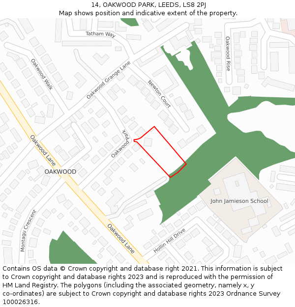 14, OAKWOOD PARK, LEEDS, LS8 2PJ: Location map and indicative extent of plot