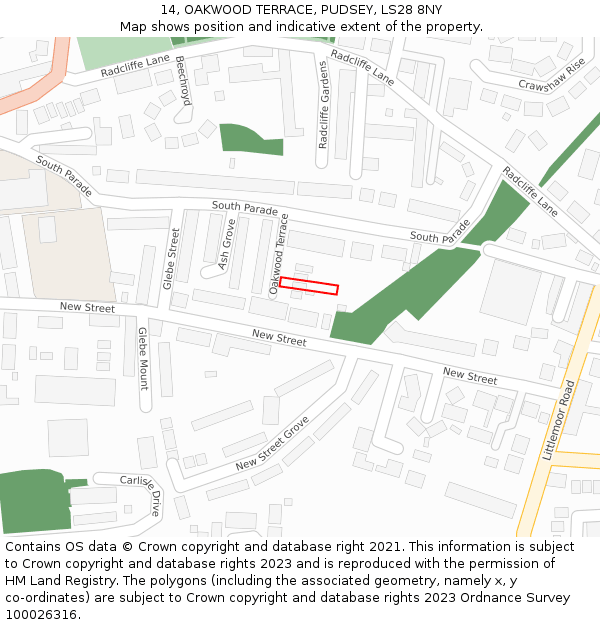 14, OAKWOOD TERRACE, PUDSEY, LS28 8NY: Location map and indicative extent of plot