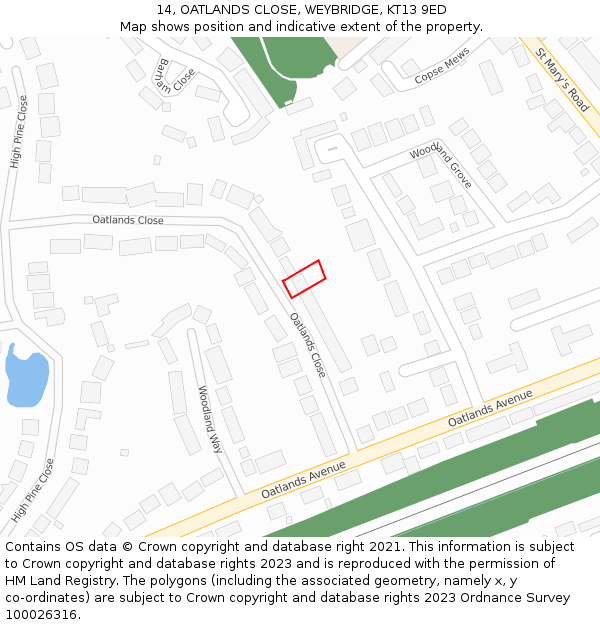 14, OATLANDS CLOSE, WEYBRIDGE, KT13 9ED: Location map and indicative extent of plot