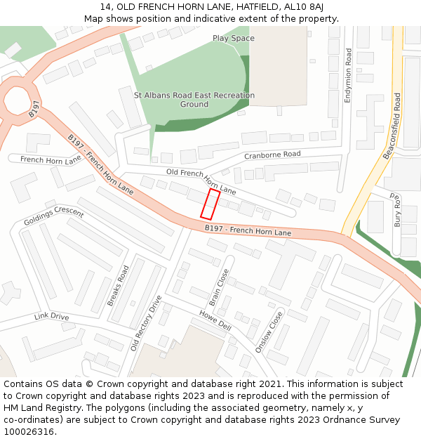 14, OLD FRENCH HORN LANE, HATFIELD, AL10 8AJ: Location map and indicative extent of plot