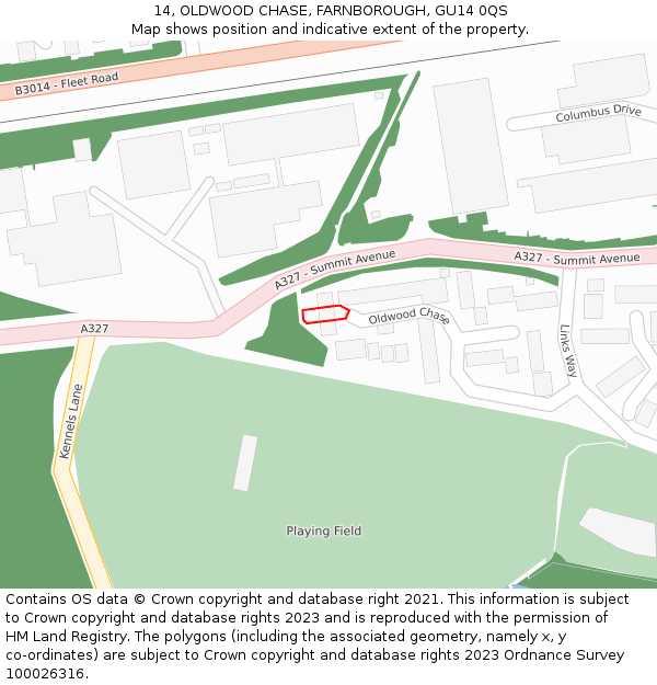 14, OLDWOOD CHASE, FARNBOROUGH, GU14 0QS: Location map and indicative extent of plot