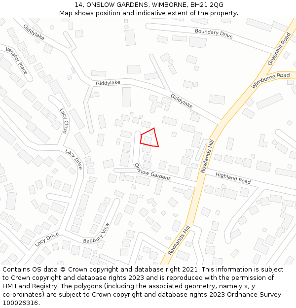 14, ONSLOW GARDENS, WIMBORNE, BH21 2QG: Location map and indicative extent of plot