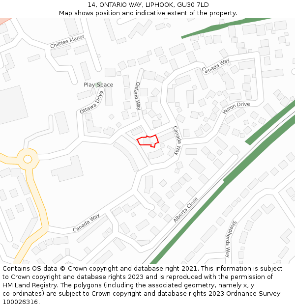 14, ONTARIO WAY, LIPHOOK, GU30 7LD: Location map and indicative extent of plot