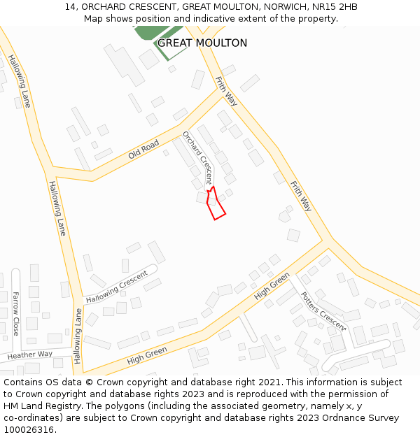 14, ORCHARD CRESCENT, GREAT MOULTON, NORWICH, NR15 2HB: Location map and indicative extent of plot