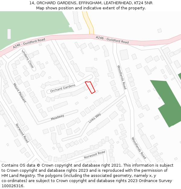 14, ORCHARD GARDENS, EFFINGHAM, LEATHERHEAD, KT24 5NR: Location map and indicative extent of plot
