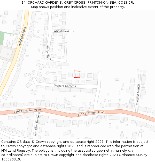 14, ORCHARD GARDENS, KIRBY CROSS, FRINTON-ON-SEA, CO13 0FL: Location map and indicative extent of plot