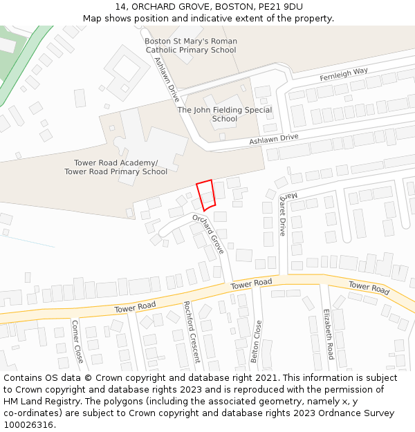 14, ORCHARD GROVE, BOSTON, PE21 9DU: Location map and indicative extent of plot