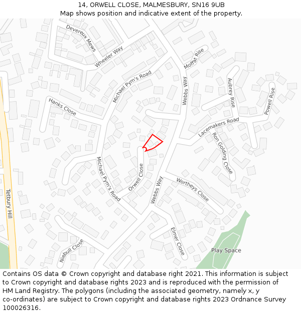 14, ORWELL CLOSE, MALMESBURY, SN16 9UB: Location map and indicative extent of plot