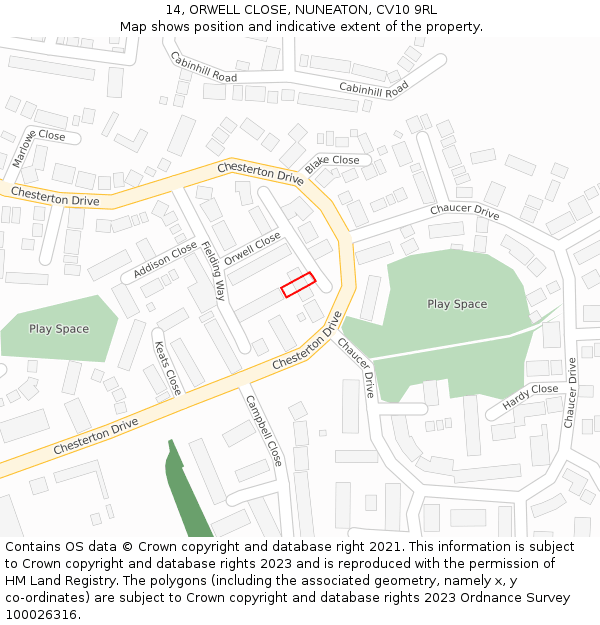 14, ORWELL CLOSE, NUNEATON, CV10 9RL: Location map and indicative extent of plot