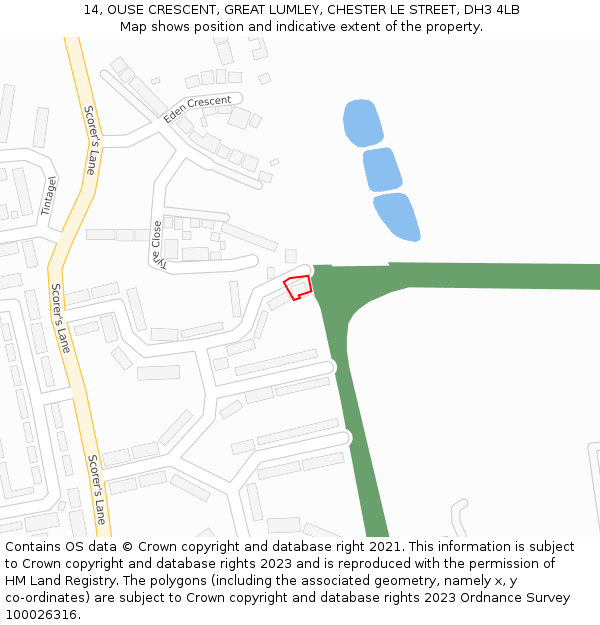 14, OUSE CRESCENT, GREAT LUMLEY, CHESTER LE STREET, DH3 4LB: Location map and indicative extent of plot