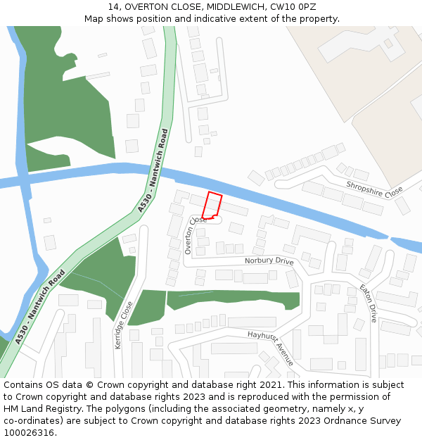 14, OVERTON CLOSE, MIDDLEWICH, CW10 0PZ: Location map and indicative extent of plot