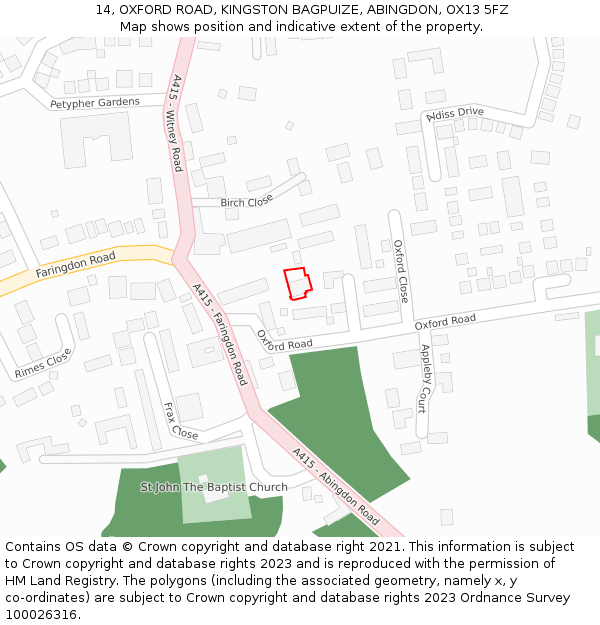 14, OXFORD ROAD, KINGSTON BAGPUIZE, ABINGDON, OX13 5FZ: Location map and indicative extent of plot