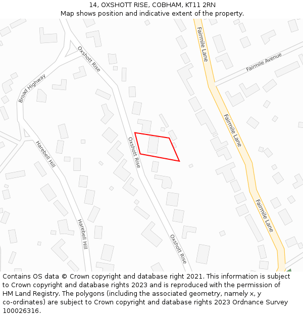 14, OXSHOTT RISE, COBHAM, KT11 2RN: Location map and indicative extent of plot