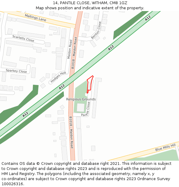 14, PANTILE CLOSE, WITHAM, CM8 1GZ: Location map and indicative extent of plot