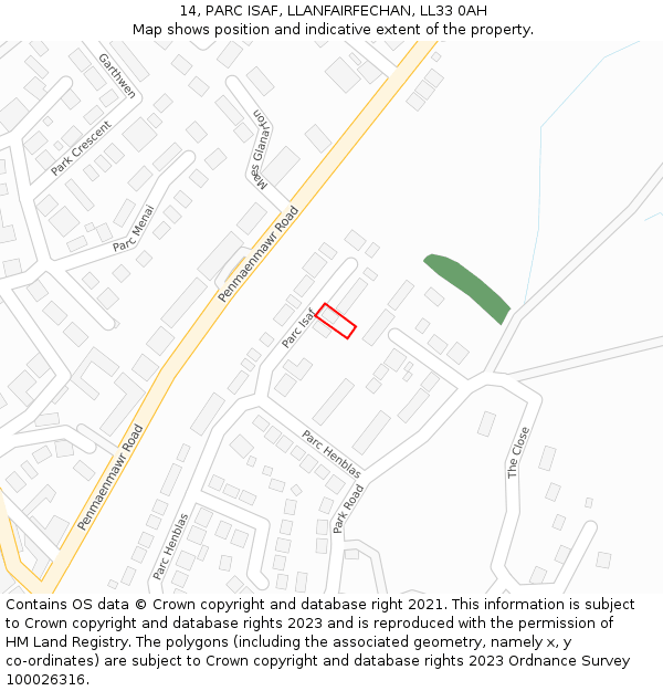 14, PARC ISAF, LLANFAIRFECHAN, LL33 0AH: Location map and indicative extent of plot