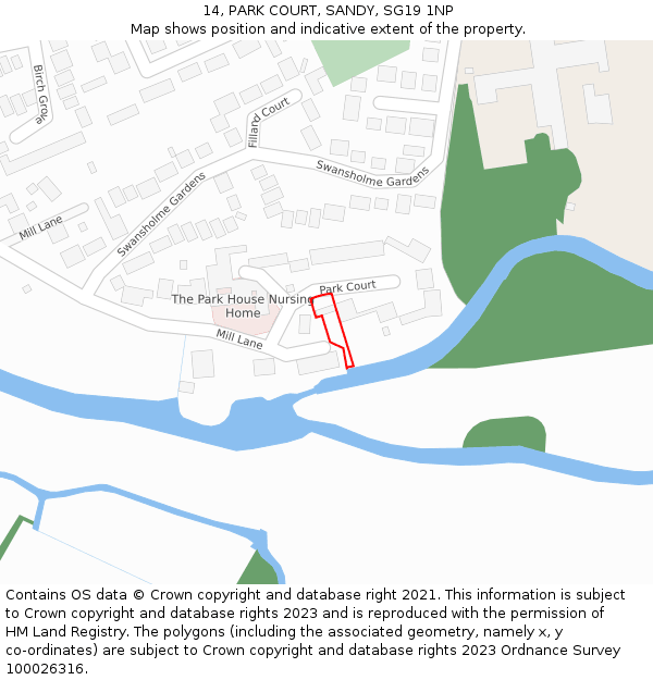 14, PARK COURT, SANDY, SG19 1NP: Location map and indicative extent of plot