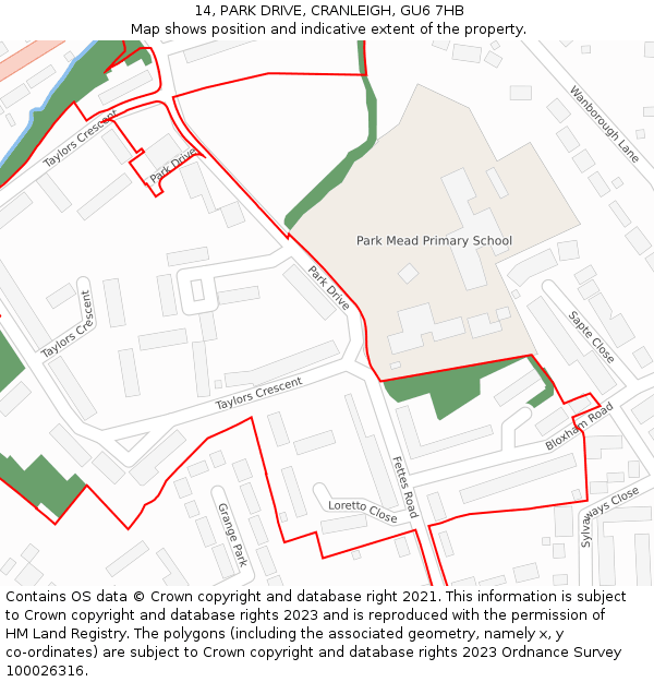 14, PARK DRIVE, CRANLEIGH, GU6 7HB: Location map and indicative extent of plot