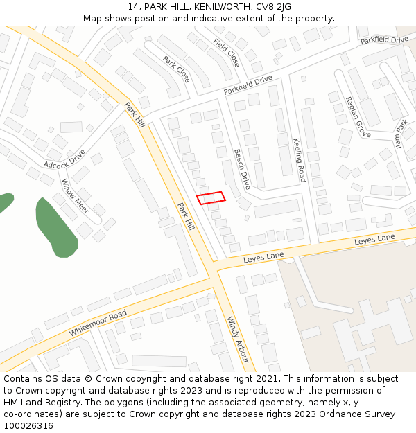 14, PARK HILL, KENILWORTH, CV8 2JG: Location map and indicative extent of plot