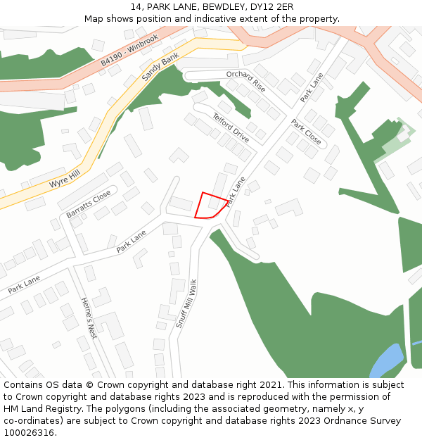 14, PARK LANE, BEWDLEY, DY12 2ER: Location map and indicative extent of plot