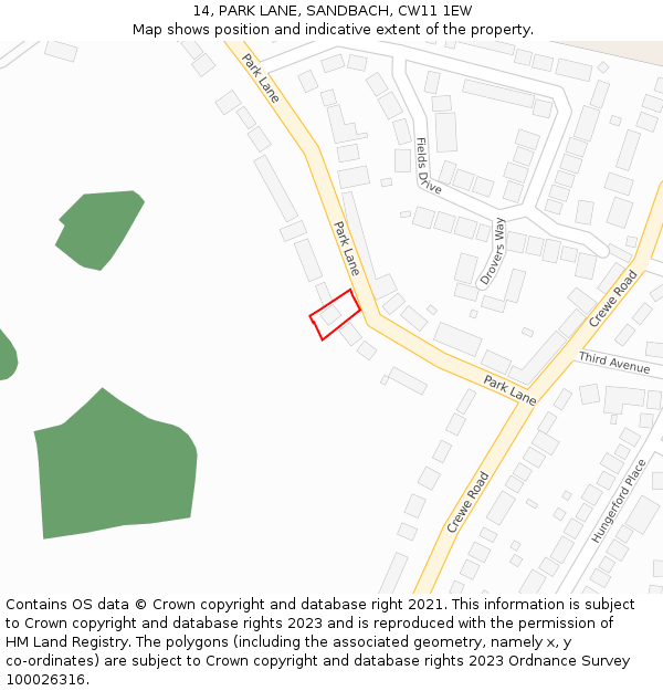 14, PARK LANE, SANDBACH, CW11 1EW: Location map and indicative extent of plot