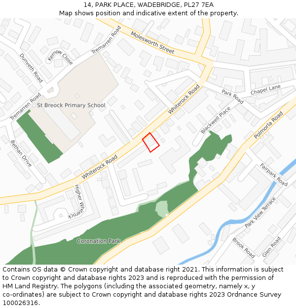 14, PARK PLACE, WADEBRIDGE, PL27 7EA: Location map and indicative extent of plot
