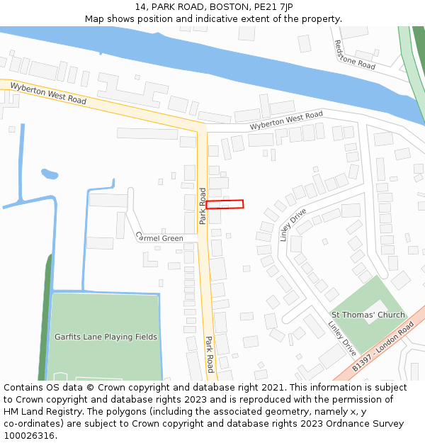 14, PARK ROAD, BOSTON, PE21 7JP: Location map and indicative extent of plot