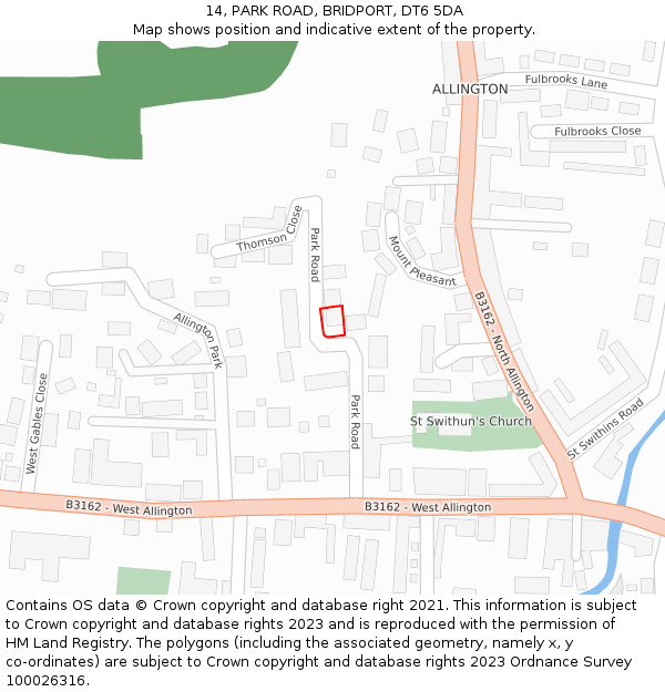 14, PARK ROAD, BRIDPORT, DT6 5DA: Location map and indicative extent of plot