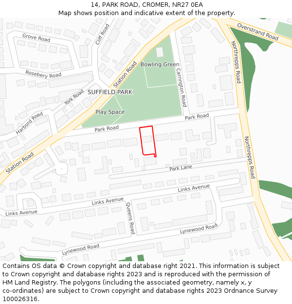 14, PARK ROAD, CROMER, NR27 0EA: Location map and indicative extent of plot