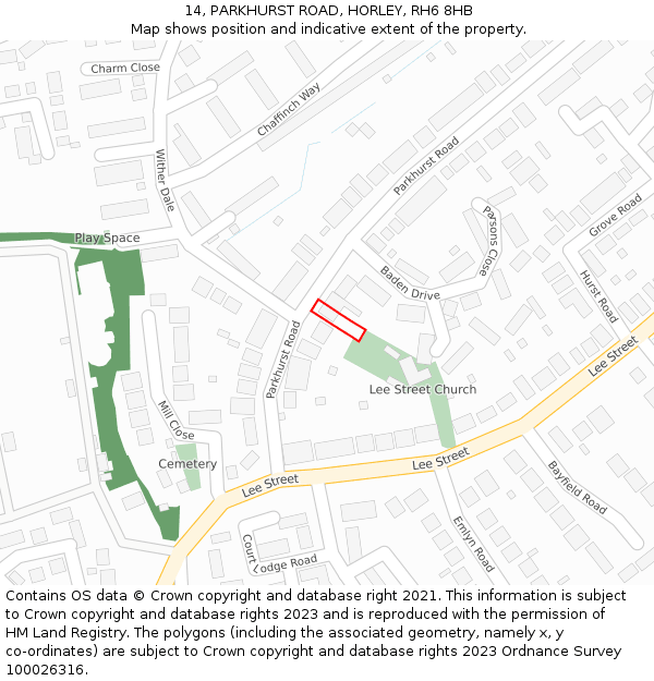 14, PARKHURST ROAD, HORLEY, RH6 8HB: Location map and indicative extent of plot