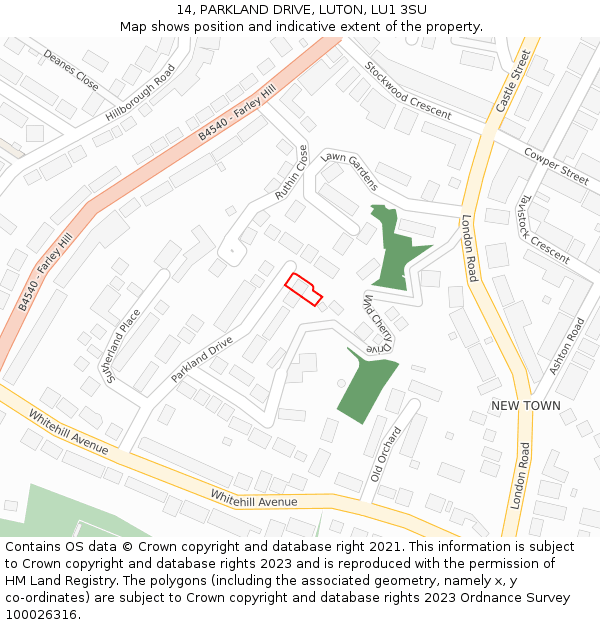 14, PARKLAND DRIVE, LUTON, LU1 3SU: Location map and indicative extent of plot