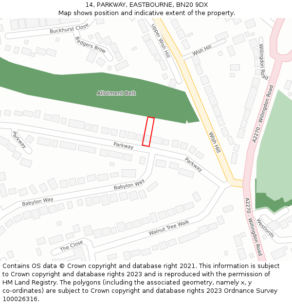 14, PARKWAY, EASTBOURNE, BN20 9DX: Location map and indicative extent of plot