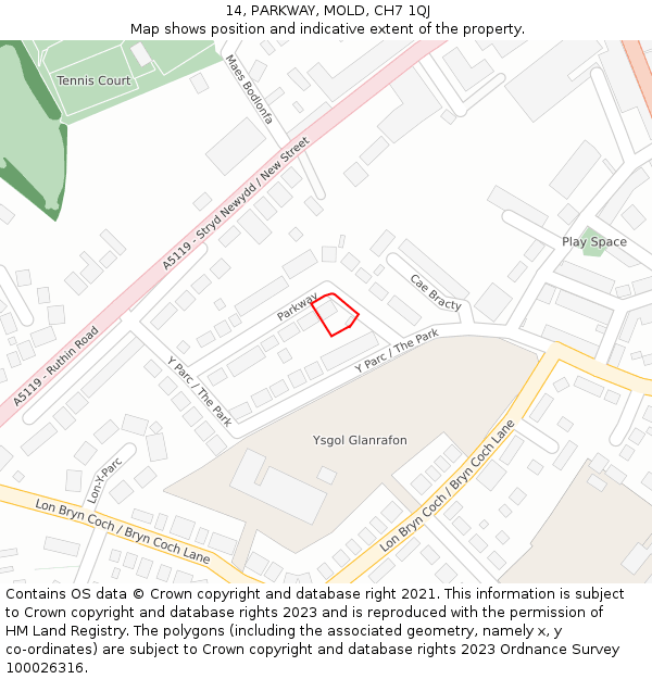 14, PARKWAY, MOLD, CH7 1QJ: Location map and indicative extent of plot