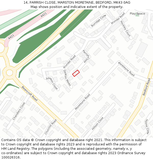 14, PARRISH CLOSE, MARSTON MORETAINE, BEDFORD, MK43 0AG: Location map and indicative extent of plot