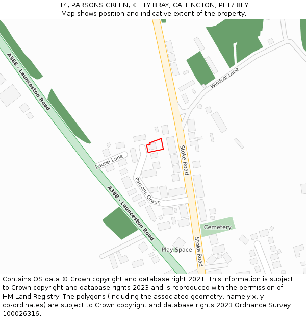 14, PARSONS GREEN, KELLY BRAY, CALLINGTON, PL17 8EY: Location map and indicative extent of plot