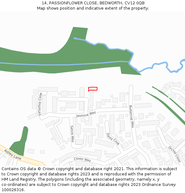 14, PASSIONFLOWER CLOSE, BEDWORTH, CV12 0QB: Location map and indicative extent of plot