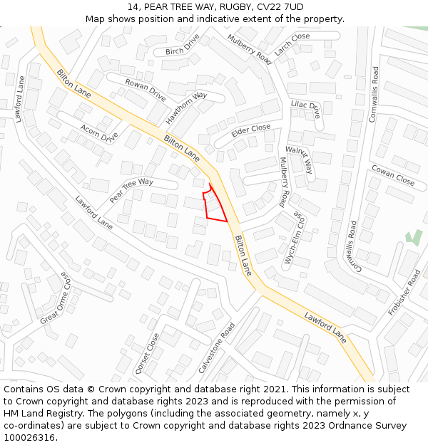 14, PEAR TREE WAY, RUGBY, CV22 7UD: Location map and indicative extent of plot