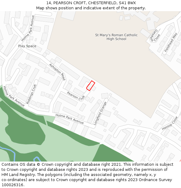 14, PEARSON CROFT, CHESTERFIELD, S41 8WX: Location map and indicative extent of plot