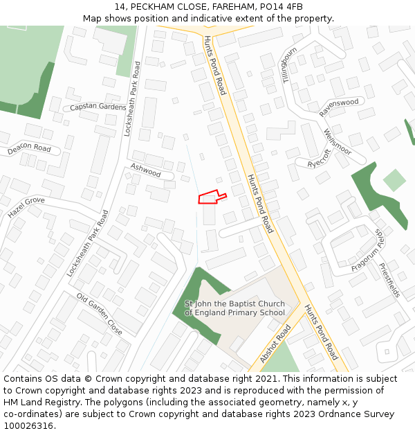 14, PECKHAM CLOSE, FAREHAM, PO14 4FB: Location map and indicative extent of plot