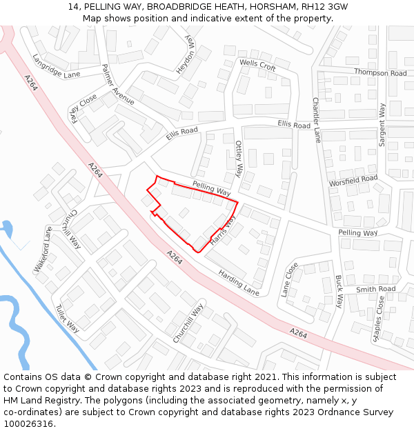 14, PELLING WAY, BROADBRIDGE HEATH, HORSHAM, RH12 3GW: Location map and indicative extent of plot