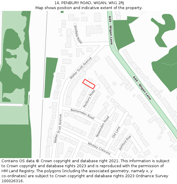 14, PENBURY ROAD, WIGAN, WN1 2RJ: Location map and indicative extent of plot