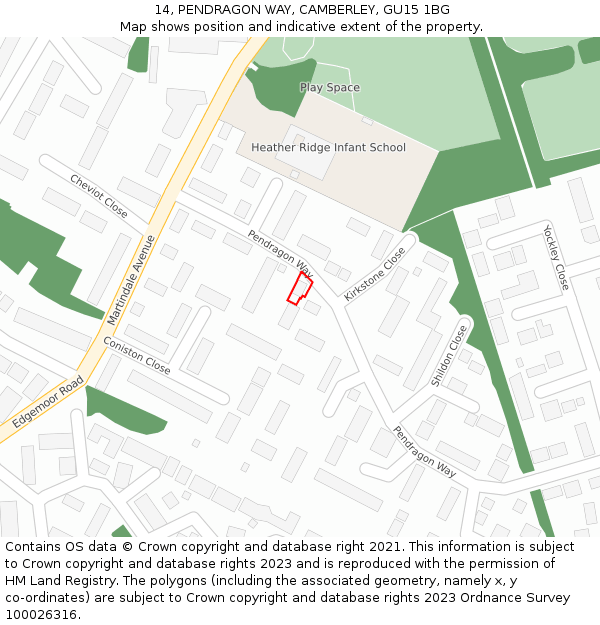 14, PENDRAGON WAY, CAMBERLEY, GU15 1BG: Location map and indicative extent of plot