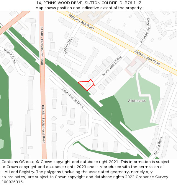 14, PENNS WOOD DRIVE, SUTTON COLDFIELD, B76 1HZ: Location map and indicative extent of plot